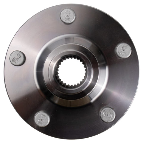 Close-up of heavy duty hub from the Two Piece Rear Wheel Bearing And Hub Kit For Four Wheel Drive SUVs Includes Two Rear Bearings And Two Rear Hubs Heavy Duty Direct Fit Replacement For 2001 To 2012 Model Years, showing detailed grooves and bolt placements.