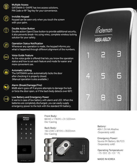 Front view GTouch Digital Rim Lock with traceless slim body and numeric keypad for easy touchscreen access