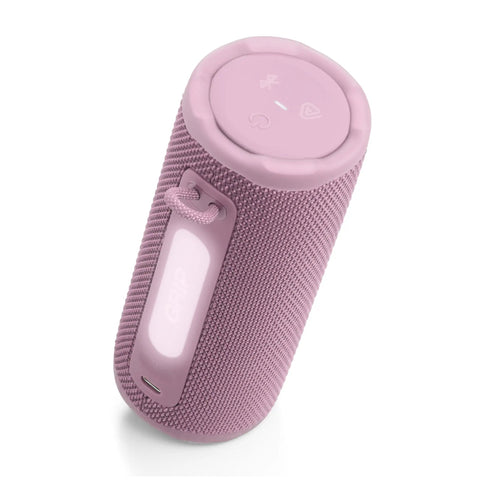 Pink Grip Compact Bluetooth Speaker with Bold Pro Sound and Ambient Light, rugged design, loop handle visible, close-up angle.