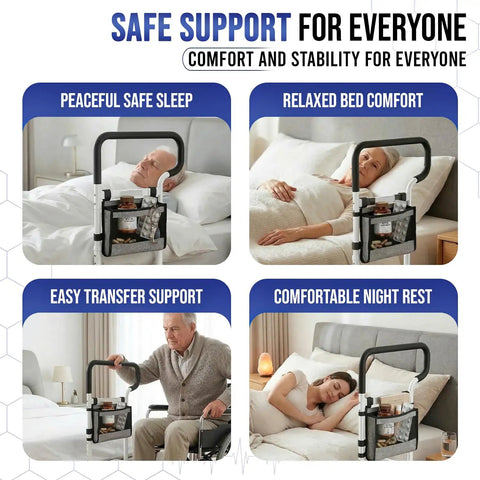 Sturdy Bed Safety Rails With LED Light, Storage Pouch And Adjustable Bed Cane in various support scenarios for elderly and disabled