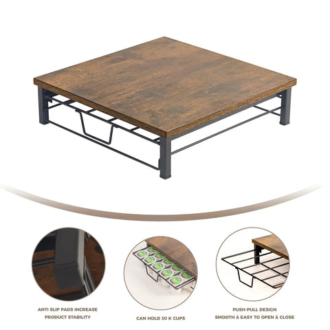 Cup Holder Organizer For Coffee Pods With Sliding Drawer Holds 30 Pods Sturdy Metal Frame No Assembly Grab And Go Capsule Storage For Home Office Cafe Counter, showing wooden top and metal frame.