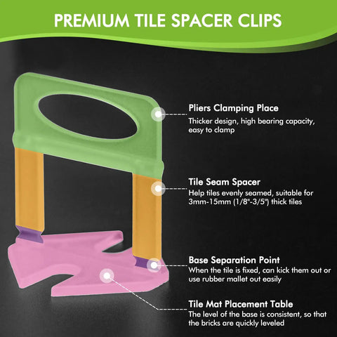 Illustration of 1/8 Inch Tile Leveling Clips Kit 1000pcs Leveler Spacers with labeled parts for tile installation.
