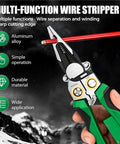 Heavy Duty 8-in-1 Wire Stripper Pliers with Built-In Voltage Tester, green and silver multi-tool in hand, sharp cutting edge.