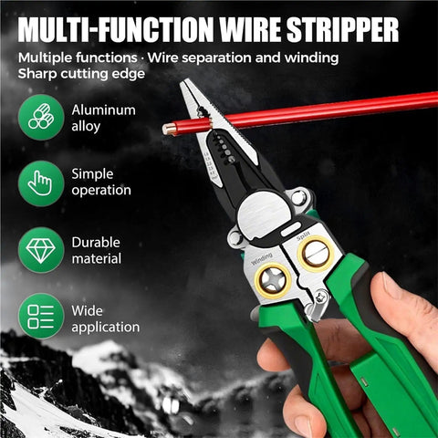 Heavy Duty 8-in-1 Wire Stripper Pliers with Built-In Voltage Tester, green and silver multi-tool in hand, sharp cutting edge.
