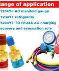 R1234yf To R134a Adapter Kit For Car AC Systems with dual color quick couplers, manifold gauge, and hoses shown in use