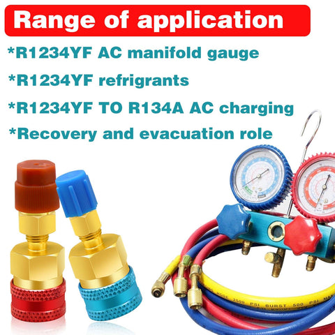 R1234yf To R134a Adapter Kit For Car AC Systems with dual color quick couplers, manifold gauge, and hoses shown in use