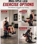 All-In-One Leg Extension And Curl Machine With 700 Lbs Capacity For Home Gym, Includes Leg Curl, Hip Thrust, And Calf Raise, Heavy-Duty Lower Body Workout Equipment In Red And Black showing exercise options