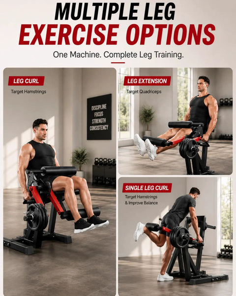 All-In-One Leg Extension And Curl Machine With 700 Lbs Capacity For Home Gym, Includes Leg Curl, Hip Thrust, And Calf Raise, Heavy-Duty Lower Body Workout Equipment In Red And Black showing exercise options