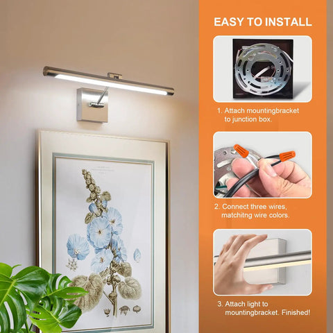 LED Picture Light With 24.4 Inch Swing Arm For Artwork Adjustable Up Down 180 Degrees Brushed Nickel Finish installation guide