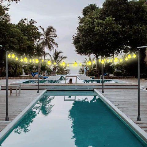 Heavy Duty Outdoor String Light Poles 10 Ft 3 In 1 Kit with lights over pool and patio, black 2 pack waterproof rustproof