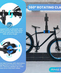 Wall Mounted Bicycle Repair Stand With Adjustable Clamp showing 360° rotating clamp and compatible bike frame size.