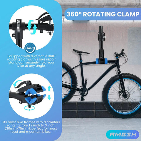Wall Mounted Bicycle Repair Stand With Adjustable Clamp showing 360° rotating clamp and compatible bike frame size.