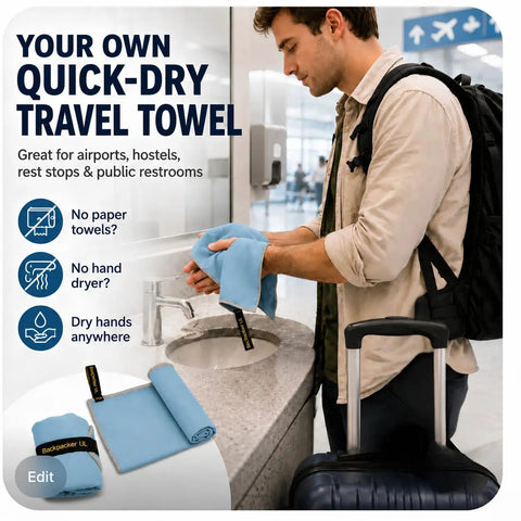 Man using Ultralight Backpacking Quick Dry Microfiber Towel For Camping And Hiking with loop strap at airport sink