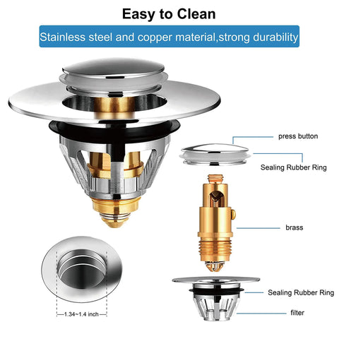 Premium Bathroom Sink Pop Up Plug Drain Filter For 1.2 To 1.42 Inch Basins Stainless Steel Hair Catcher Basket diagram