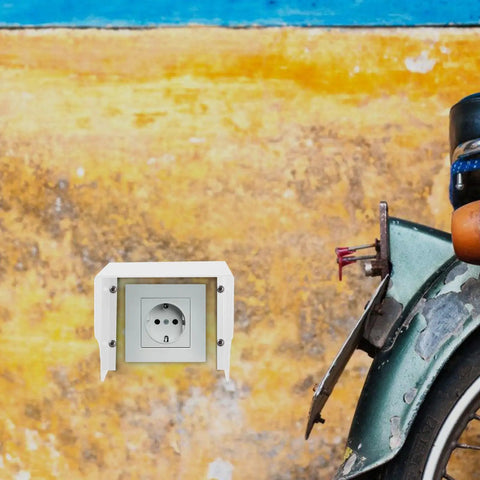 Heavy Duty White Iron EV Charging Station Rain Cover Wall Mount Waterproof Outlet Box for Electric Bikes on a rustic wall.