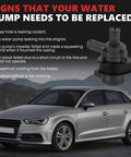 High Grade Auxiliary Cooling Water Pump With Connector Plug And Play Drop In Replacement For VW Golf Jetta Passat and Audi A3 A4 TT Engines Rock Solid Build shown next to car with signs of water pump issues.
