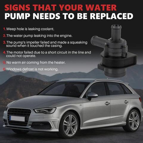 High Grade Auxiliary Cooling Water Pump With Connector Plug And Play Drop In Replacement For VW Golf Jetta Passat and Audi A3 A4 TT Engines Rock Solid Build shown next to car with signs of water pump issues.