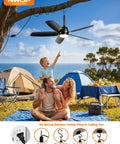 36 Inch Outdoor Ceiling Fan With Light And Remote, wet rated, mounted on a tree branch, camping scene with tents and family
