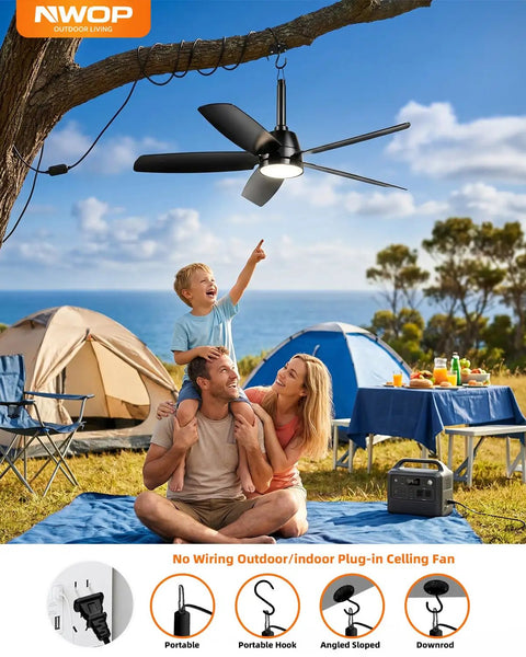36 Inch Outdoor Ceiling Fan With Light And Remote, wet rated, mounted on a tree branch, camping scene with tents and family