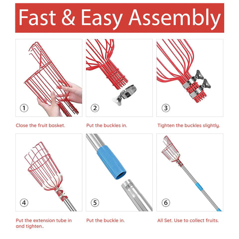 Assembly steps of Fruit Picker Basket With Adjustable Knob For Juicy Apples From Trees showing red basket and blue extension parts.