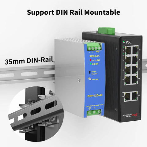 8 Port Gigabit PoE Plus Switch With DIN Rail Power Supply And Two Gig Uplink Ports, 120W Budget, Built For IP Cameras, VoIP Phones, And Wireless APs, Rugged Onsite Industrial Network Gear, 35mm DIN rail
