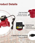 Heavy Duty Hot Water Circulator Pump With Three Adjustable Speeds For Residential Boilers And Plumbing Systems showing cast iron body and sealed design.