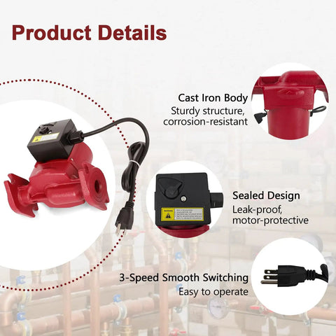Heavy Duty Hot Water Circulator Pump With Three Adjustable Speeds For Residential Boilers And Plumbing Systems showing cast iron body and sealed design.