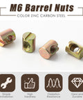 Bulk 50 Pcs M6 Barrel Nuts Kit For Cross Dowels Slotted Nuts Replacement Hardware For Bunk Beds Headboards Baby Cribs Chairs And Furniture Gold Finish Great For DIY Projects M6 X 10 mm X 13 Mm, showing four gold finish nuts on display.