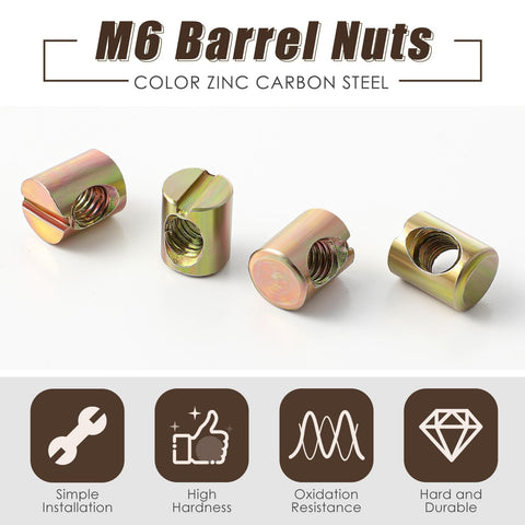 Bulk 50 Pcs M6 Barrel Nuts Kit For Cross Dowels Slotted Nuts Replacement Hardware For Bunk Beds Headboards Baby Cribs Chairs And Furniture Gold Finish Great For DIY Projects M6 X 10 mm X 13 Mm, showing four gold finish nuts on display.