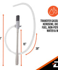 Battery Powered Stick Transfer Pump With Aa Batteries And 39 Inch Hose Flows Gas Or Diesel Smoothly At 2 6 GPM displayed with measurements.