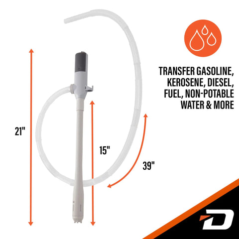 Battery Powered Stick Transfer Pump With Aa Batteries And 39 Inch Hose Flows Gas Or Diesel Smoothly At 2 6 GPM displayed with measurements.