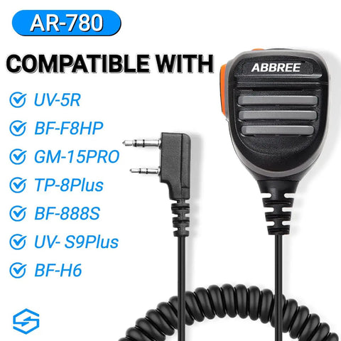 Remote Shoulder Microphone For Ham Radios Waterproof IP54 Speaker Mic shown compatible with various Baofeng models with coiled cord.