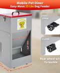 Tough As Nails Rolling Dog Feeder With Locking Casters, 25 Pound Heavy Duty Galvanized Steel Gravity Food Dispenser, angled view showing dimensions.