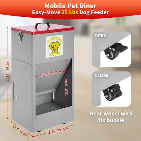 Tough As Nails Rolling Dog Feeder With Locking Casters, 25 Pound Heavy Duty Galvanized Steel Gravity Food Dispenser, angled view showing dimensions.