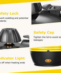 Safety features of Heavy Duty Handheld Steam Cleaner 1050W Portable Household Steamer showing safety lock, cap, and indicator light.
