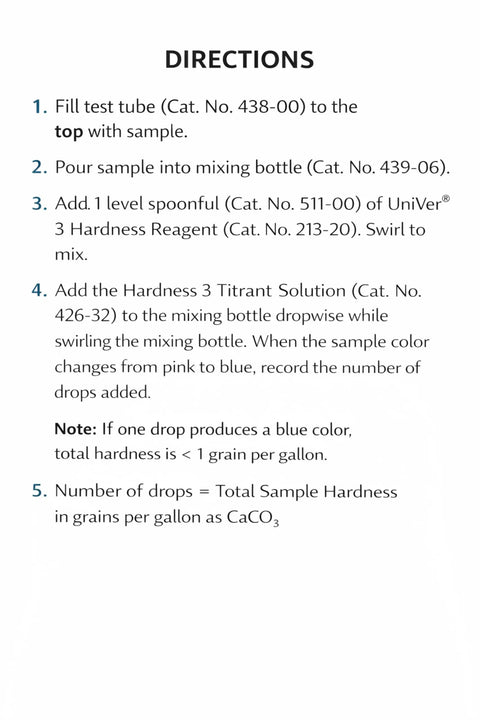 Total Hardness Water Test Kit With Drop Count Titration For CaCO3 Measuring 1 To 30 GPG Includes Reagents And About 100 Tests Ideal For Home And Lab Water Quality. Directions sheet for drop-count hardness test steps