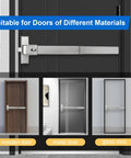 Beefed Up Panic Bar For Exit Doors Stainless Steel Push Bar With Lock Alarm And Fireproof Protection shown on wood, metal, glass doors