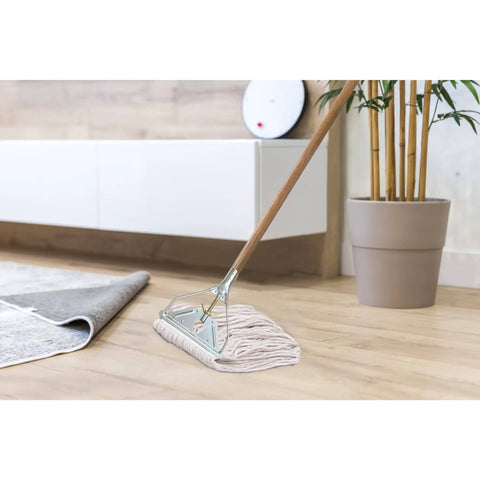 Industrial Grade 59 Inch Quick Change Mop Stick With Wooden Handle And Steelhead on wooden floor near rug