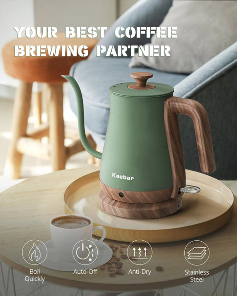 Gooseneck Electric Kettle 0.8L 1000W Stainless Steel Pour Over Kettle For Coffee And Tea With Auto Shut Off Wood Grain Handle In Matcha Green