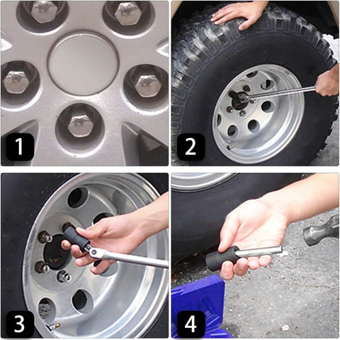 Garage Ready 5 Piece Twist Socket Set With Center Punch Bar For Stubborn Lug Nut Removal Metric 17Mm Through 22Mm in use on a tire.