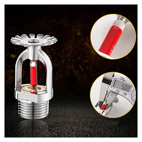 Five Piece Set Heavy Duty Downward Fire Sprinkler Heads Offering Automatic Spray Action For Quick Sixty Eight Degree Activation And No Fuss Plug And Play Commercial Or Residential Upgrades close-up view of metal sprinkler head with red activation glass.