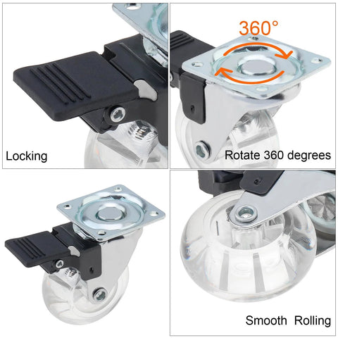Crystal Clear 2 Inch Caster Wheels Set Of 8 With Brakes For Carts Cabinets Dressers And Benches 360 Degree Top Plate No Noise Locking Casters Heavy Duty PU Wheels