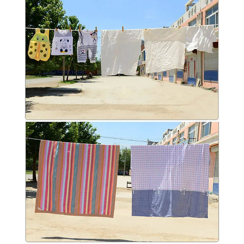 Clothes hanging on a line outdoors under clear blue sky, featuring varied colors and patterns.