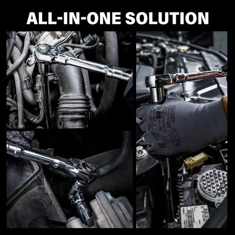 55 Piece Three Eighths Inch Drive Master Impact Socket Set at work in an engine bay, showcasing tool versatility.