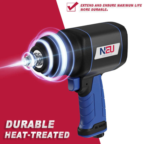Half Inch Air Impact Wrench with 7000 RPM, 1000 Nm Drive, steel hammer case, shown in side view highlighting durability.