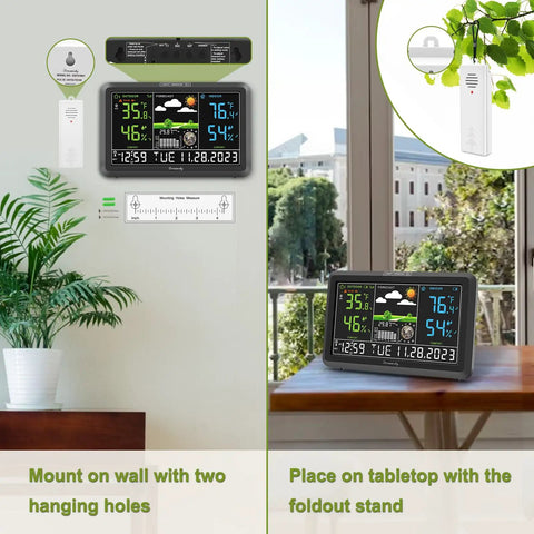 Indoor Outdoor Weather Station With Large Digital Display, Wireless Thermometer, Atomic Clock, Dimmer, USB Port, Humidity Monitor For Home