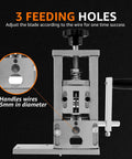 Image showing Manual Wire Stripper Machine For Scrap Cables with 3 feeding holes, adjustable blade, hand crank detail.