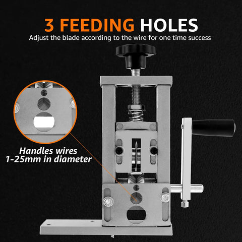 Image showing Manual Wire Stripper Machine For Scrap Cables with 3 feeding holes, adjustable blade, hand crank detail.