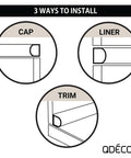 Installation guide showing three ways to install Soho Listel Low Pencil Tile Trim One Half Inch By 12 Inch Brushed Nickel Decorative Edge.