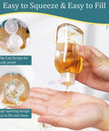 Close-up of leakproof travel bottles 4 pack 3.4 oz TSA approved squeeze containers shown with easy squeeze design and open cap.
